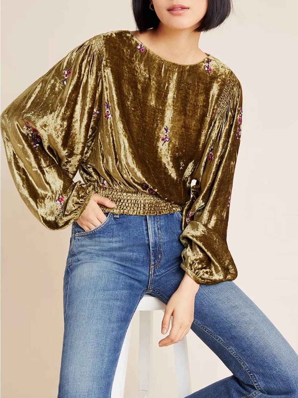 Anthropologie Olive Velvet Balloon-Sleeve Blouse with Embroidery
